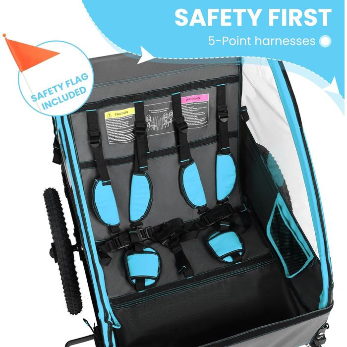 Дитячий велопричіп Sepnine для 2 дітей, від 12 місяців, з 5-точковим ременем та сумками, синій BT609