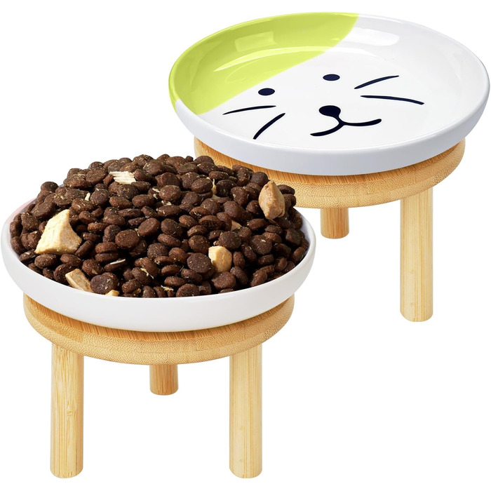 Набір мисок для котів з бамбуковим підставкою (2 шт.), 15 см, кераміка, зручні для вусів, зелені