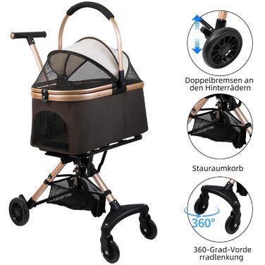 Візок для собак 3 в 1, складаний, для маленьких собак та котів, знімний кошик, візок-стільчик для дітей, сітка, оксфордська тканина, до 20 кг (Темно-зелений) (Кавово-коричневий)