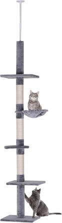 Високий когтеточка PawHut для котів, регульований по висоті, стабільний котячий комплекс із сизалевими стовпчиками, сірий, 40x34x230-260 см