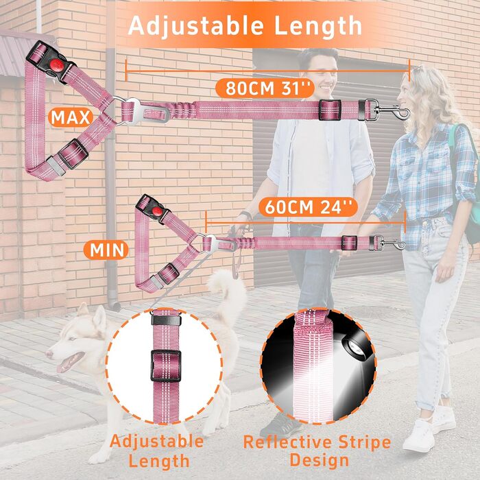 Безпечний поводок для собак у машину Seyezo, 3 шт., регульований, світловідбиваючий, для кріплення до підголів'я, рожевий