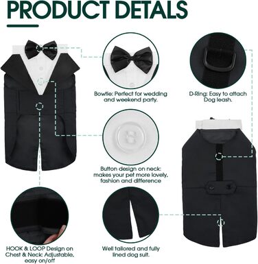 Костюм для собак Kuoser з банданою, теплий халат для собак з кріпленням для краватки, костюм для цуценят для собак, сорочка для вечірки на День народження, Хелловін, весілля, S-XXL, довжина спини M: 35 см, чорний