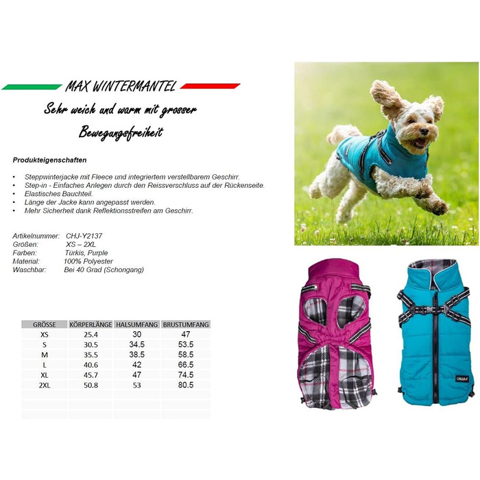 Зимова куртка CHIARA для собак, модель MAX, розмір M, матеріал: 100% поліестер, з флісовою підкладкою, зручна у надяганні, регульована довжина, можна прати в пральній машині, колір: бірюзовий