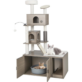 Дерев'яний комплекс для котів COSTWAY з будиночком, когтеточкою, іграшками та м'яким лежанком. Великий кігтешкребок для котів, сірий, 95x55,5x132 см