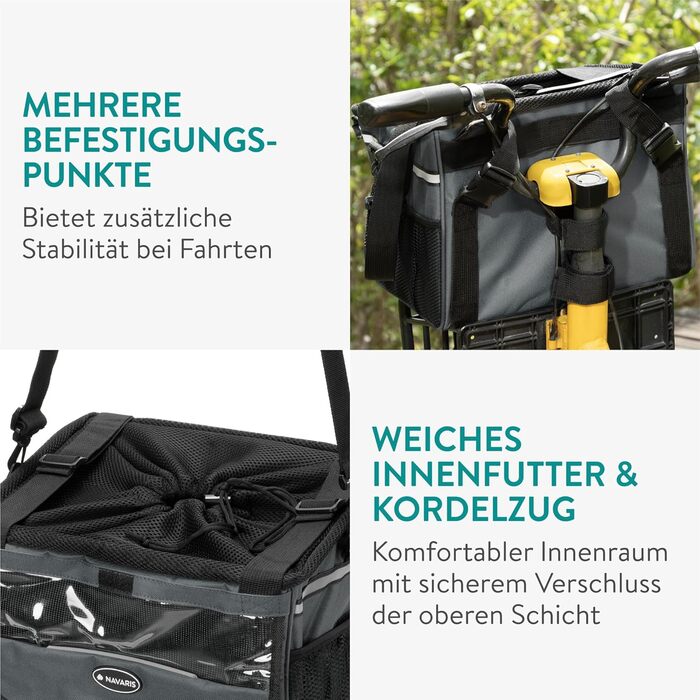 Корзина для собак Navaris на велосипед, спереду - сіра, до 10 кг, з додатковими кишенями