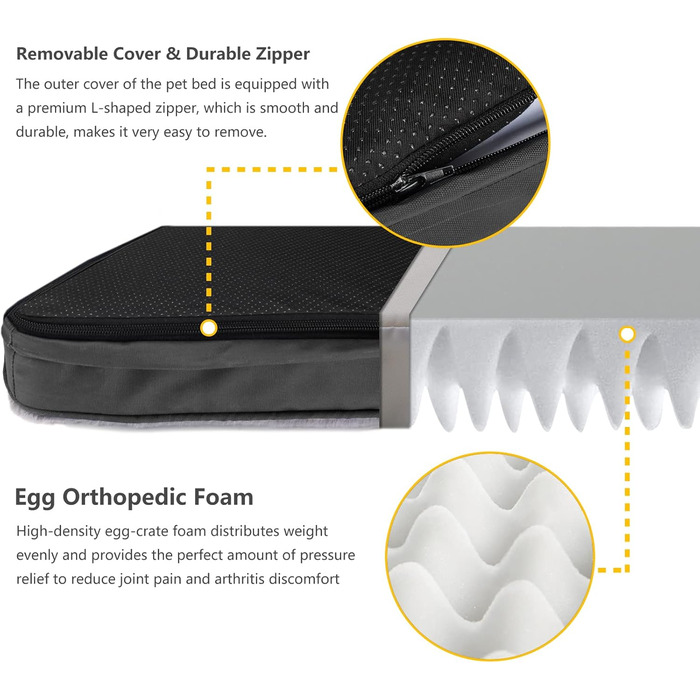 Ортопедичне ліжко для собак XL, сіре, знімний чохол, водонепроникне покриття, 107x71 см. Подушка з піни, для собак з артритом