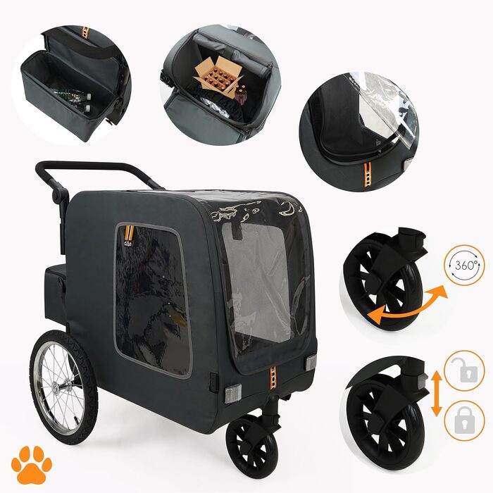 Універсальний візок для собак Chase 3-в-1 (до 30 кг) | Чорний | З дощем та з'єднувачем