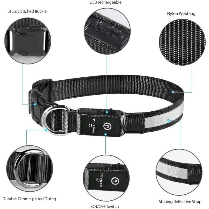 Світлодіодне нашийник для собак Masbrill, водонепроникний, з 3 режимами світіння, чорний, розмір S