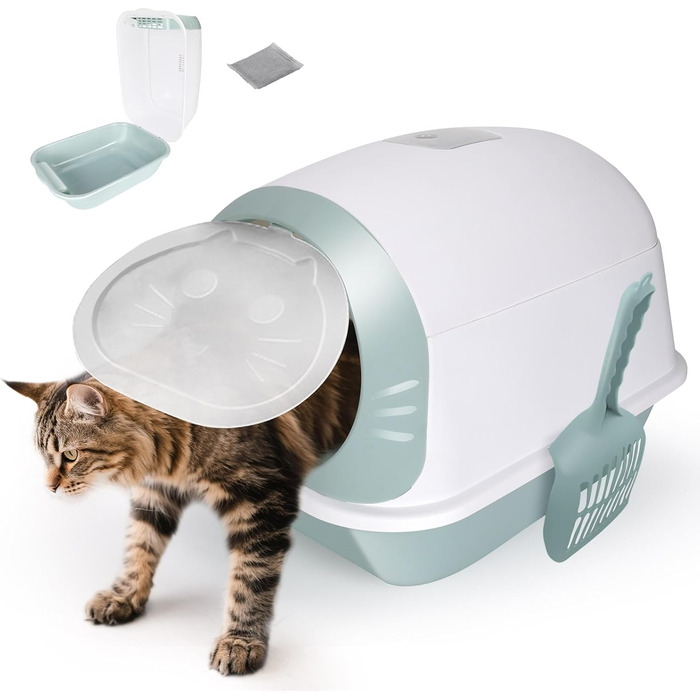 Котловий туалет для котів Masthome з кришкою, блакитно-білий, з лотком та фільтром з активованого вугілля