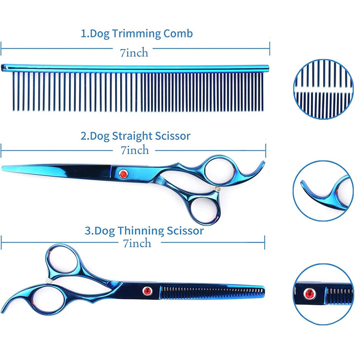 Набір професійних ножиць для собак 5-в-1, 7 дюймів, нержавіюча сталь, включає прямі, фінішні, вигнуті та гребінці