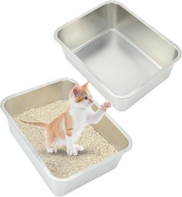 Металева котяча туалетна лоток RANYPET з нержавіючої сталі, відкритий, для кошенят і кроликів, 2 штуки, антиплямовий, без запаху, легкий у догляді, 45×35×15 см