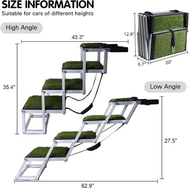 Рампа для собак DGSL - широка 4-ступенева драбина для авто/ВАН, складана, з антиковзким покриттям, для великих собак, SUV, бокова дверцята та ліжко (зелена, 42 см)