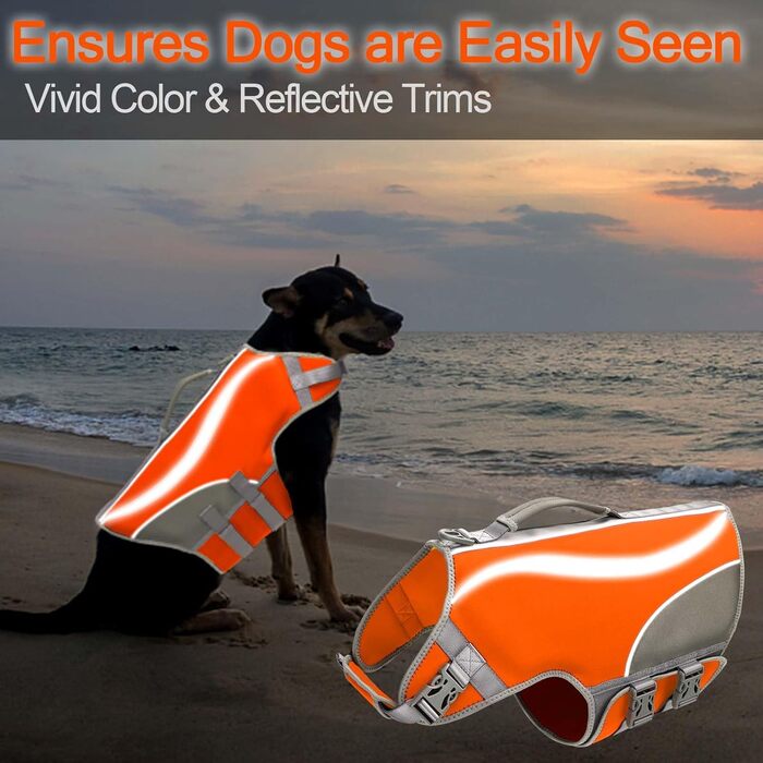 Надувна собача жилетка для плавання з ручкою та світловідбиваючими елементами, Orange (M)
