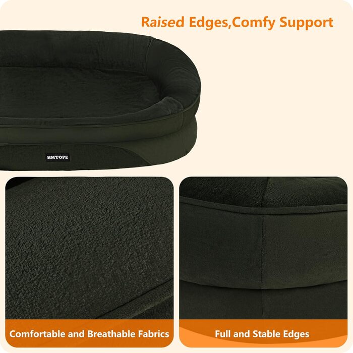 Ортопедичне ліжко для собак, ліжко-софа для собак з валиком, неслизьке дно, знімне та пральне, середні та великі породи, 106 x 79 x 17 см, оливковий колір