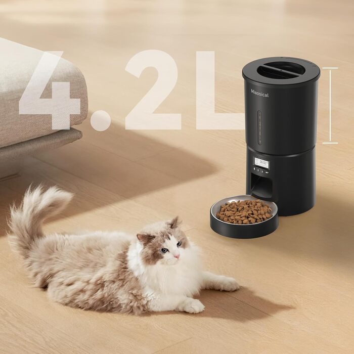 Автомат годівлі для котів 4.2L з програмуванням, з окремою мискою, подвійне живлення, 6 прийомів їжі на день (Чорний), миска з нержавіючої сталі