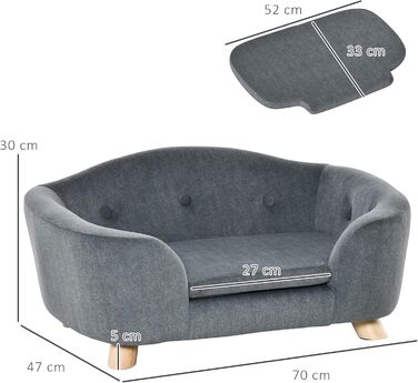 PawHut лежанка для собак, ліжко-софа для кошенят та цуценят з дерев'яним каркасом, сірий колір, 70 x 47 x 30 см