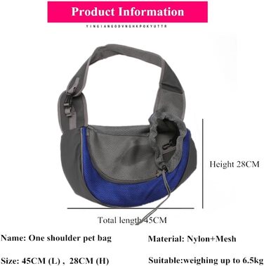 Транспортна сумка для собак і котів з регульованим плечовим ременем, дихаюча переноска для прогулянок та активного відпочинку (Блакитна, 45x28 см)