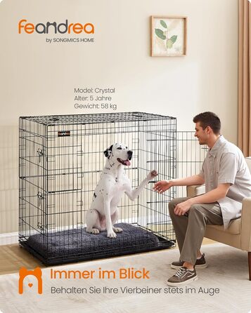 Клітка для собак Feandrea, розкладна, з 2 дверцятами, висувна миска, 122 x 74 x 114 см, XXL, чорна