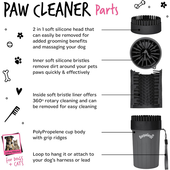 Очищувач лап для собак Bugalugs - портативний душ для лап собак та котів (Чорний, Medium)