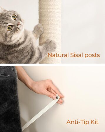 Котячий дряпак FourFurPets 156 см для дому з сизалевою драбиною, двома платформами, двома будиночками, гамаком і плюшевими м’ячиками, димчасто-сірий