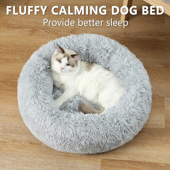 Заспокійливе ліжко-пончик для собак та котів середнього розміру, з ковдрою, сірого кольору. Легко миється, м'яке, пухнасте, діаметр 61 см, ковдра 71x23 см. Розміри: 60x60x17 см