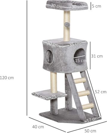 Кігтеточка PawHut 120 см для котів з будиночком, іграшкою, сизалевими стовпцями, платформою та сходами, багатоярусна, сірого кольору