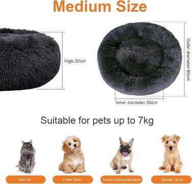 Заспокійливе ліжко для собак знімний чохол, миється, анти-тривожне, м'яке, кругле, пухнасте, 80 см, темно-сірий Ø 80 см (XL) (80 x 80 x 20 см)