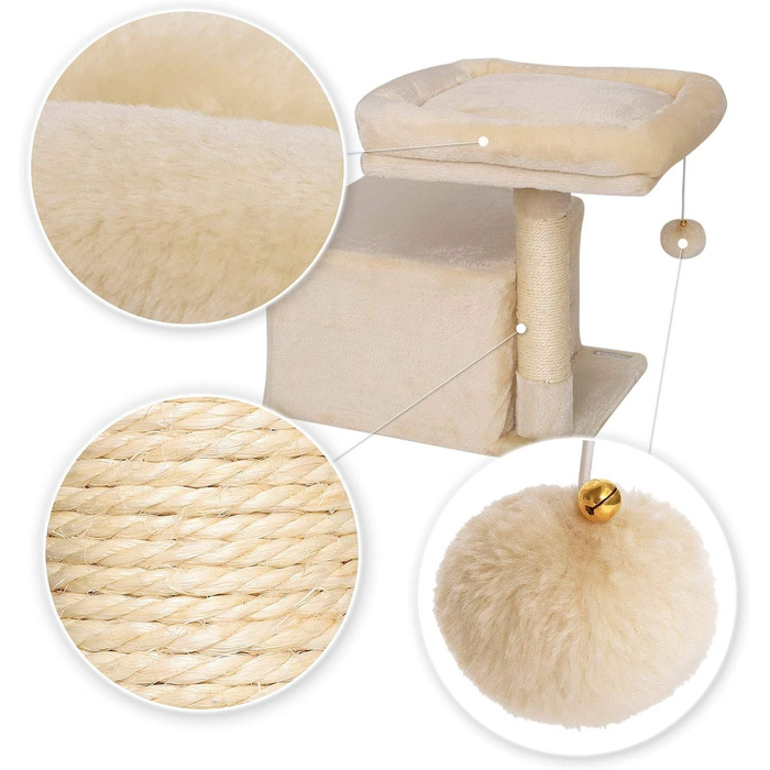 Кігтеточка для котів Lionto з лежаком та гніздечком, 50 см, з іграшкою, мотузкою та плюшем, підходить для кошенят та дорослих котів, бежева