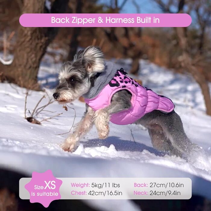 Тепла куртка для собак FUAMEY, зимовий пуховик з флісовою підкладкою, світловідбиваюча жилетка, інтегрований нашийник, водонепроникна та вітронепроникна, розмір L (XX-Large(обхват грудей: 35 дюймів), рожевий леопард)