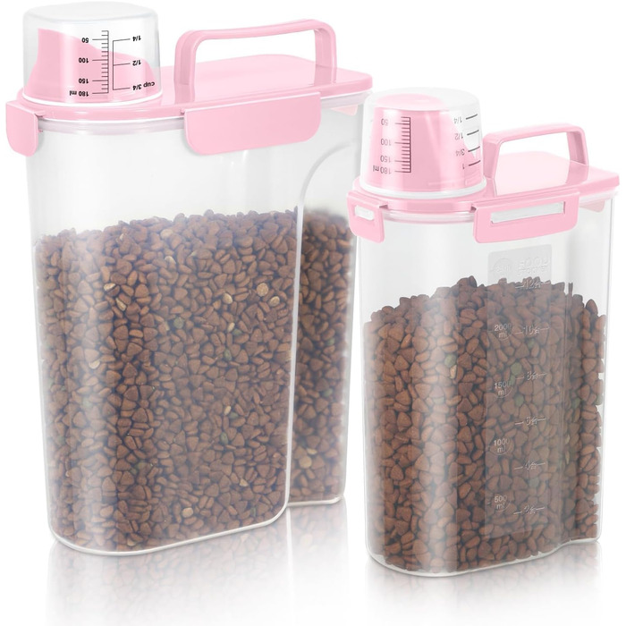 Контейнер для корму для собак 3/2,3 кг, велика насадка, BPA-free, пластиковий контейнер для корму для тварин з 4 герметичними закриттями, 1 мірний стакан та ручка, легкий, світло-рожевий (3 л + 5 л)
