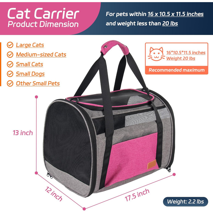 Транспортувальна сумка для котів та собак до 9 кг – рожева, дихаюча, складна, для подорожей літаком, миюча
