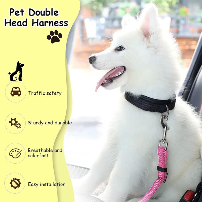 Авторемень для собак у машину, еластичний подвійний авторемень для собак, регульований авторемень для собак (рожевий)