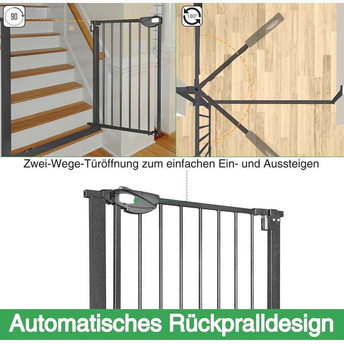 Захист для воріт/сходи: сітка без свердління, 105-115 см. Ідеально для собак та дітей. Двозамкове закриття, автоматичне закриття, відкривання однією рукою, стопор 90°, білий колір.