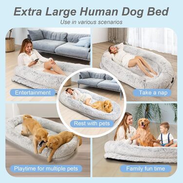 Ортопедичне ліжко для собак XL, 200x112x32 см, сірого кольору. Зручне ліжко для собак та домашніх тварин з великим штучним хутром, знімний та пральний чохол.