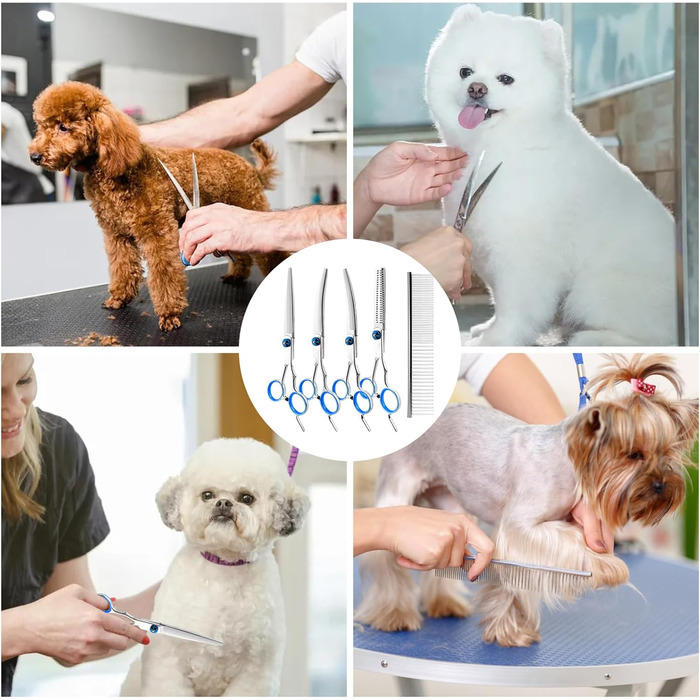 Набір професійних ножиць для собак 5 в 1, ножиці для грумінгу, з металевим гребінцем та шкіряним чохлом