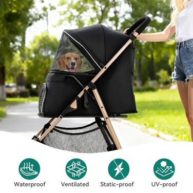 Візок для собак та котів YITAHOME 15 кг, 3 колеса, сітко-вікно, гальма, міцний, чорний