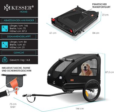 KESSER® Будиночок-перевозка для собак Боксер 2-в-1, великий (250л), чорний. З прапорцем та сумкою, 600D Oxford Canvas, складна конструкція SmartSpace