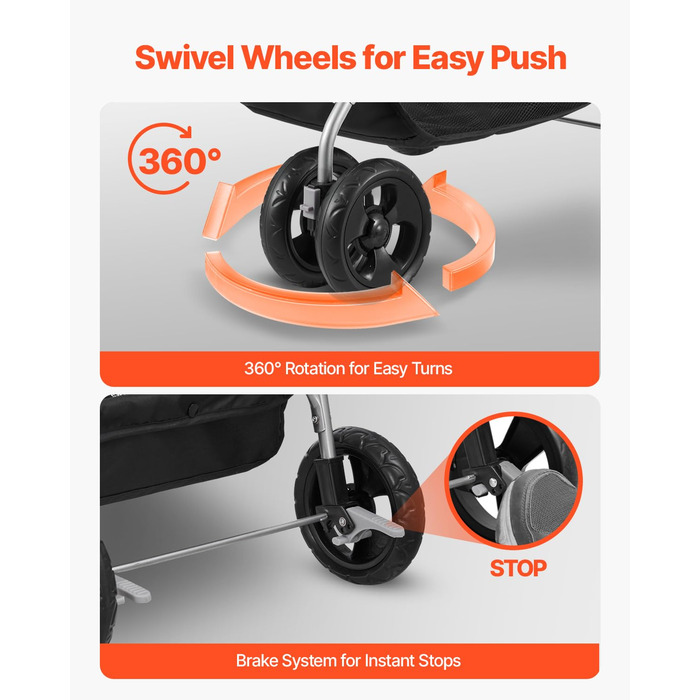 Візок для собак VEVOR 81x46x97 см, вантажопідйомність 16,9 кг, складний, знімний кошик та сітчасті вікна, гальмо, для маленьких та середніх собак