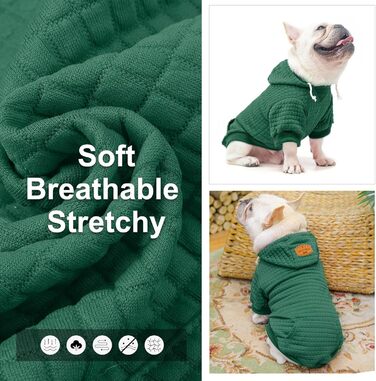 Світшот для маленьких собак BEAUTYZOO з кишенями, одяг для собак, для хлопчиків та дівчаток, вафельна тканина, бавовна з ламінуванням, XL (Спина: 61см, Груди: 86см, Шия: 53см), темно-зелений