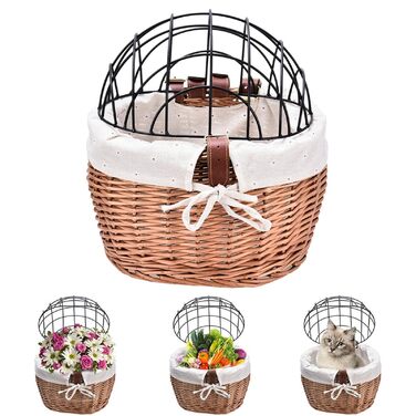 Плетенний велосипедний кошик для котів з дрітчатою кришкою, передній кошик для тварин, знімний переносник для собак, цуценят та котів