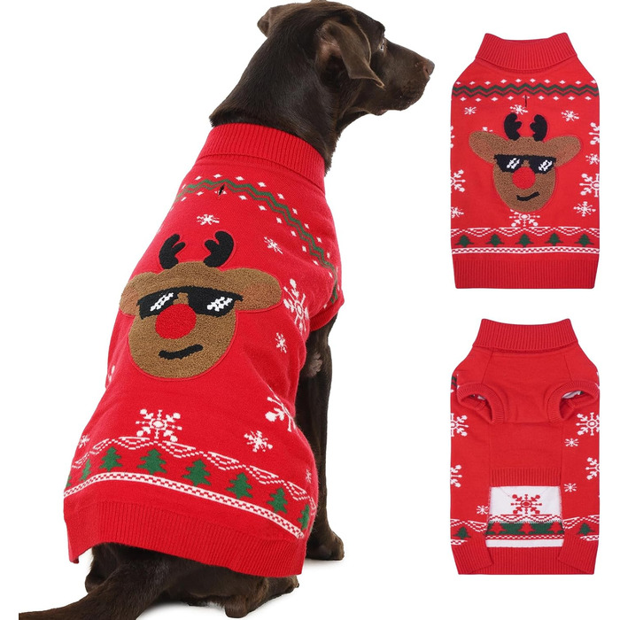 Пуловер для собак на Різдво, м'який та теплий, відкидний комір-гетр, пуловер для собак середнього розміру, в'язаний пуловер для осені та зими, пуловер для французького бульдога, M: 5-7 кг (XXXL: 23-34 кг), червоний