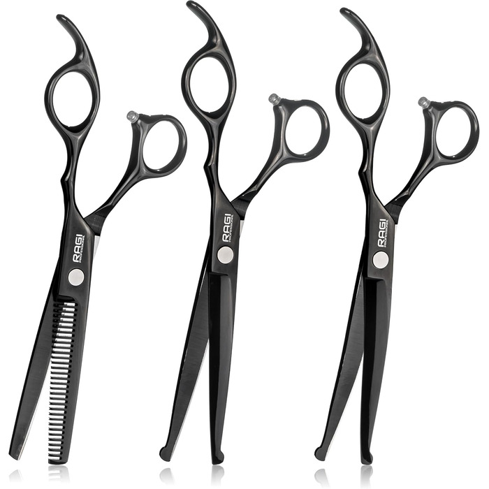 Набір професійних ножиць для собак RAGI - 4 шт. - ножиці для стрижки собак, вигнуті - ножиці для собак з круглим кінчиком - для собак та котів - чорного кольору