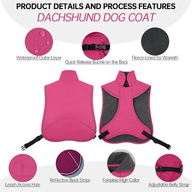 Зимовий теплий дощовик для собак Такса (M), рожевий. Захист від вітру та вологи, з отвором для повідка. Тепла куртка для собак великих порід.