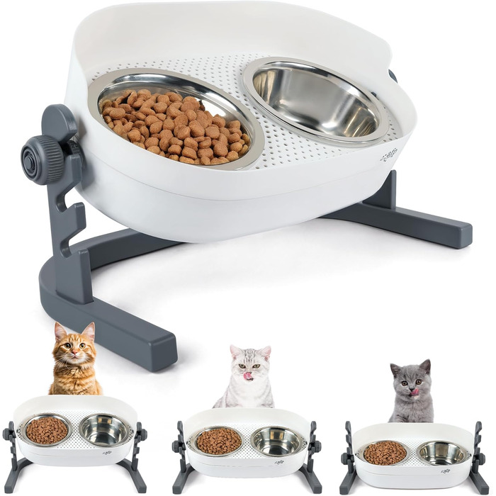 Підвищений годівниця для котів ALL FOR PAWS - 3-рівнева регульована годівниця з 2 мисками з нержавіючої сталі (350 мл), антиковзаюча та захищена від розливу, для кошенят, середніх та великих котів (44*26*19 см)
