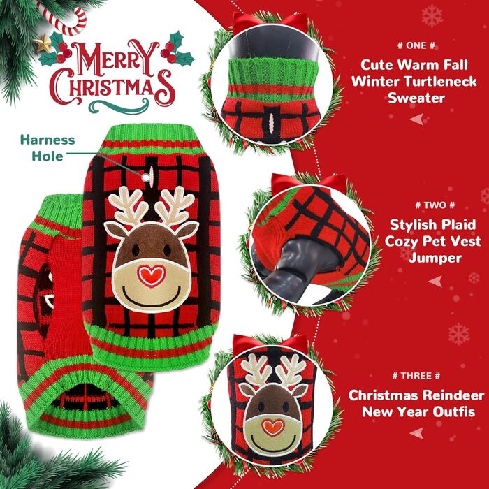 Теплий святковий пуловер для собак з отвором для шлейки, червоний в клітинку, олень. Підходить для малих, середніх та великих собак, котів. Ідеальний для осені та зими.