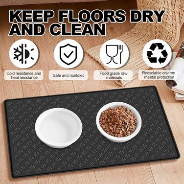 Силіконовий килимок для корму собак та котів, 54x38 см, чорний, з принтом лапок - MOACC