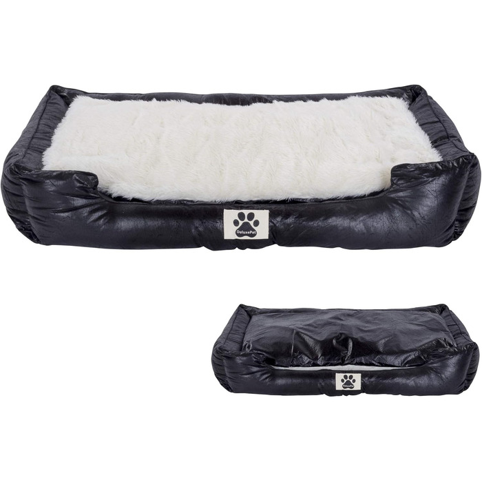 Крісло-ліжко для собак DeluxePet 'Schlummer' чорного кольору 100x70 см з штучної шкіри, 2в1 з двостороннім подушкою, для великих собак, з хутряною та шкіряною стороною, м'яке наповнення, антиковзаюча підкладка, розмір 100 x 70 см (середній)