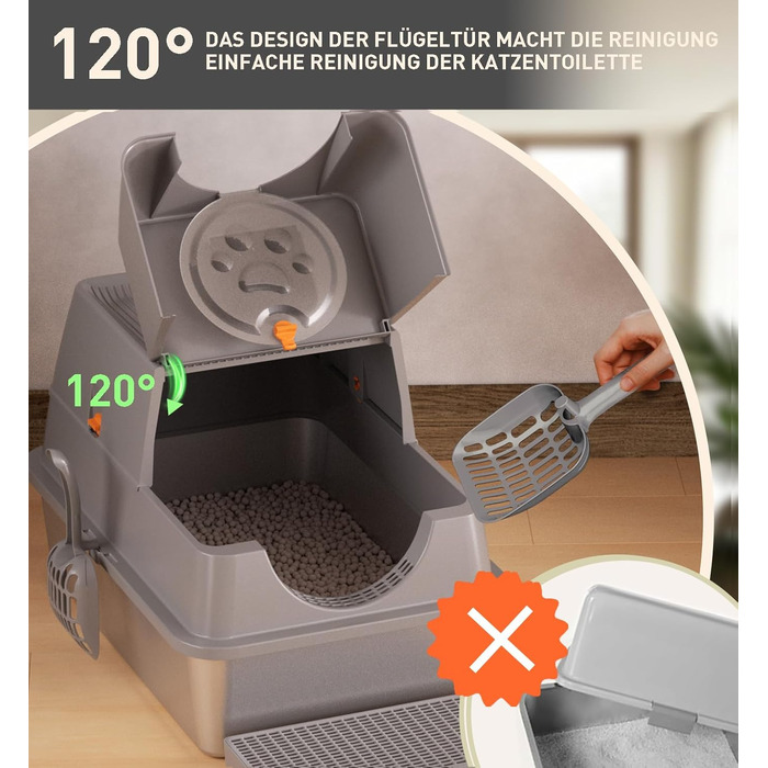 Місцезнаходження Katzenklo Edelstahl з кришкою, XXL туалет для котів закритий з двома відсіками для наповнювача, килимок для наповнювача та лопатка, двостулковий дизайн, легко чистити, утримує запах, сірий