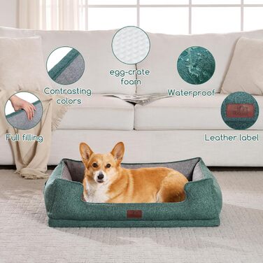 Ортопедичне собаче ліжко Hollypet для середніх собак, зелене, 81.3 x 61.3 x 32 x 24 см. Знімний, водонепроникний, миючий чохол та антиковзаюча підкладка.