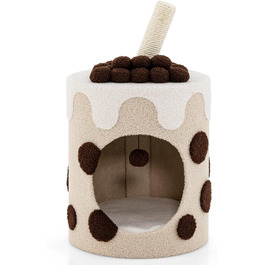 Кігтеточка GYMAX для котів, кігтеточна колона у формі молочного коктейлю, з будиночком та іграшками, 37x37x67 см (колір кава)